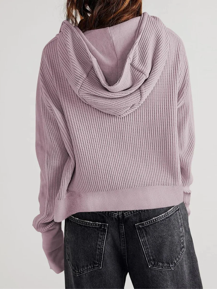 Christina | Womens Cropped Zip Hoodie in Waffle Cotton | Snug Hood, Textured Fabric | Pine, Blue and More S-XL