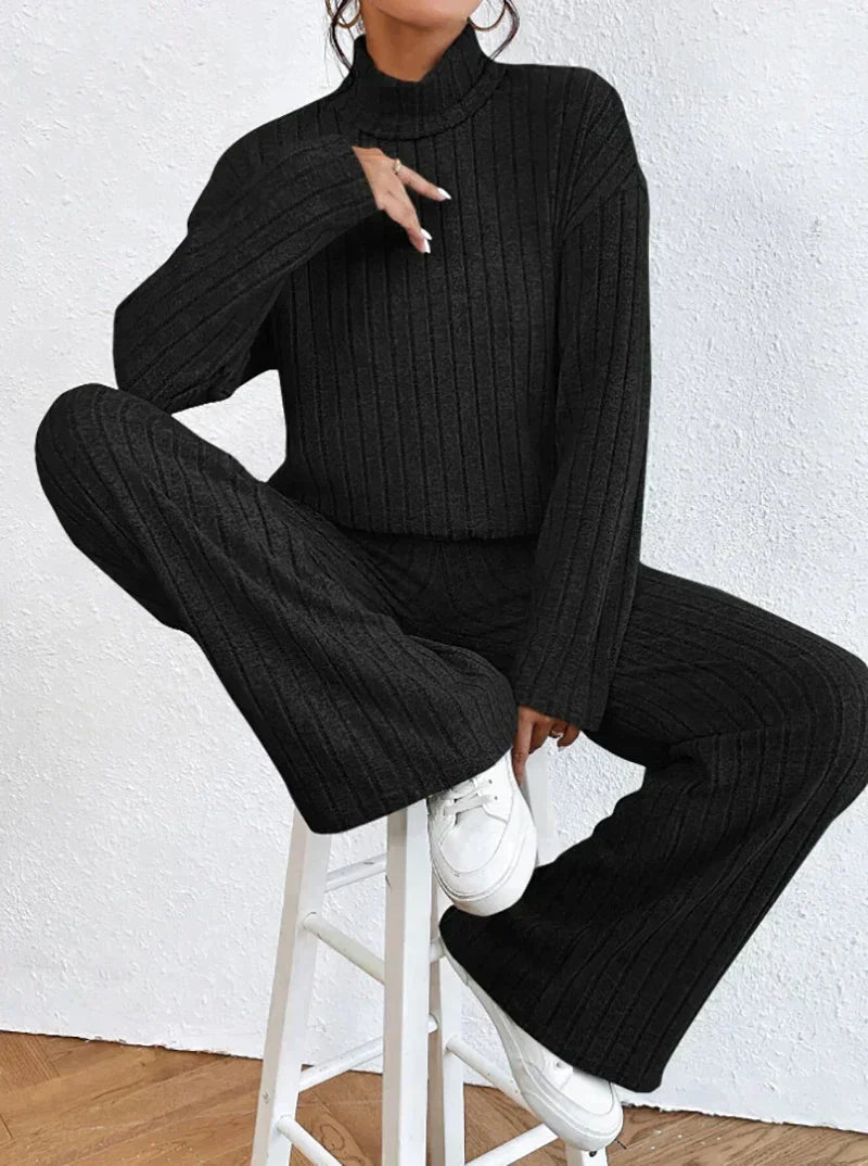 Women's Ribbed Turtleneck Sweater and Wide-Leg Pants Set