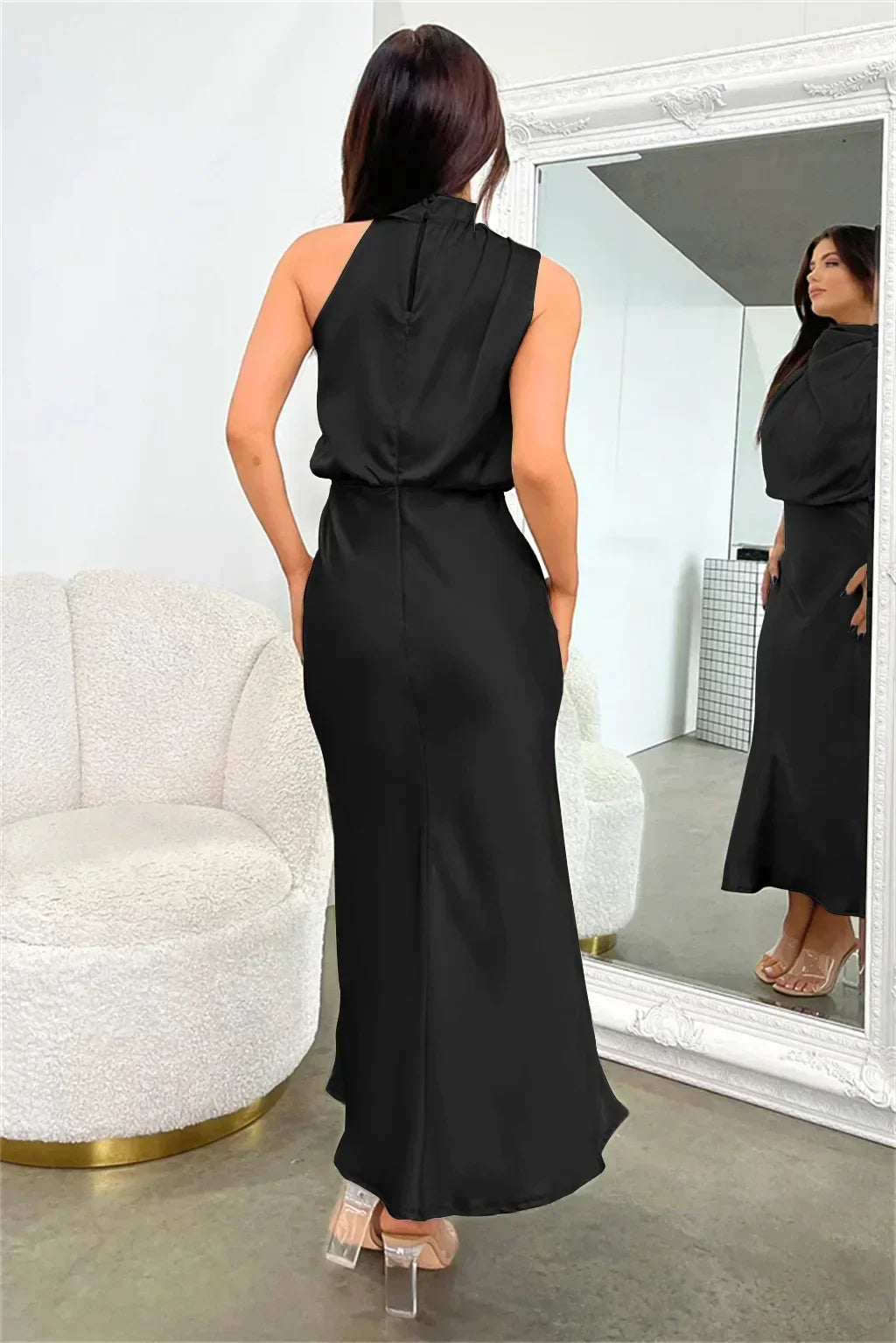 Women's Formal Wedding Guest Dress in Fluid Fabric | High Neck with Soft Sheen, Easy Movement | Size S-5XL, 9 Colors