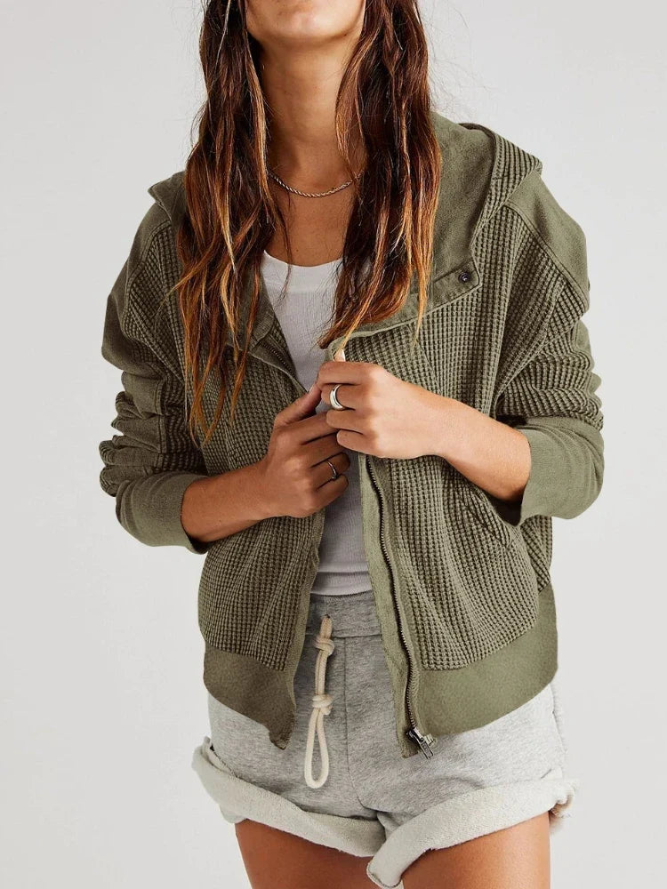Christina | Womens Cropped Zip Hoodie in Waffle Cotton | Snug Hood, Textured Fabric | Pine, Blue and More S-XL