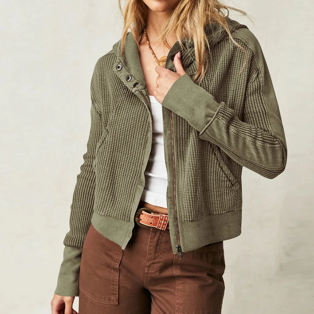 Christina | Womens Cropped Zip Hoodie in Waffle Cotton | Snug Hood, Textured Fabric | Pine, Blue and More S-XL