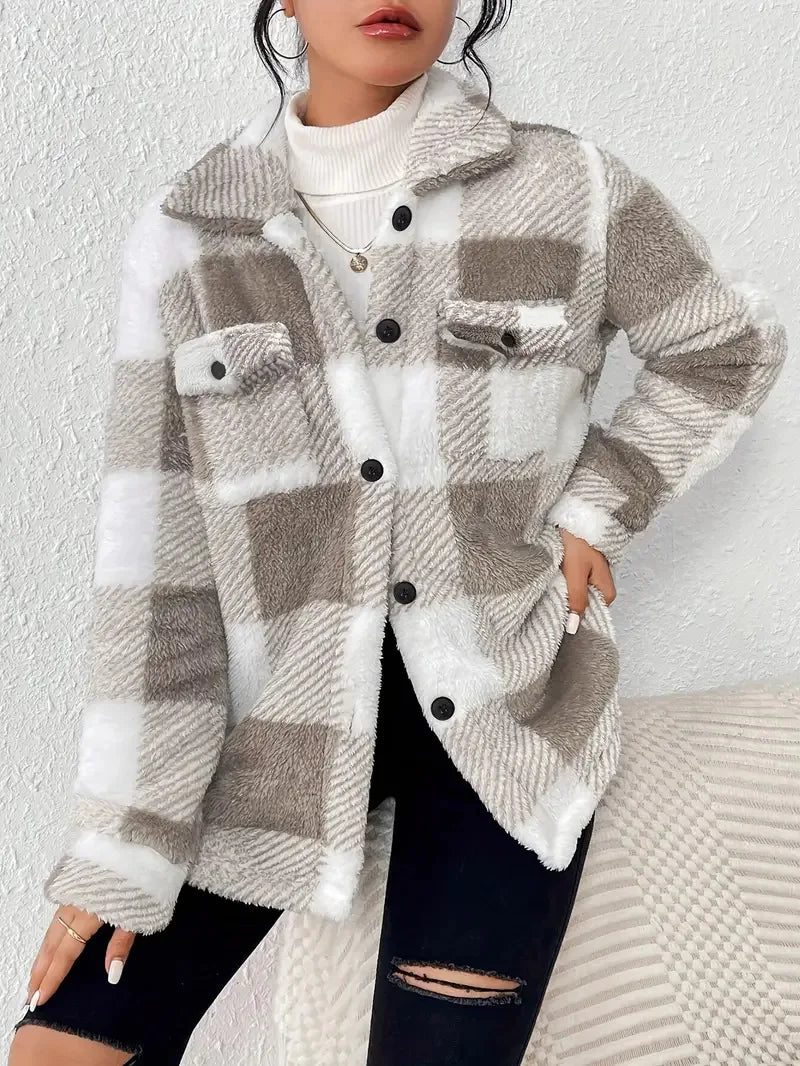 Women's Plaid Fleece Jacket in Black or Pink