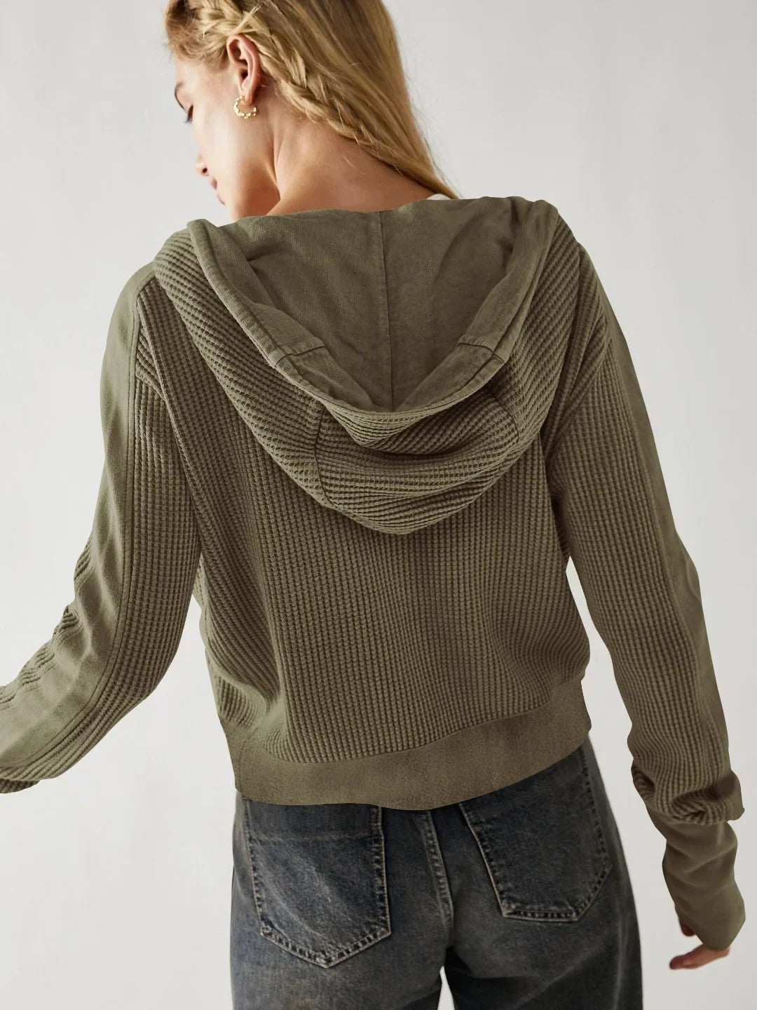 Christina | Womens Cropped Zip Hoodie in Waffle Cotton | Snug Hood, Textured Fabric | Pine, Blue and More S-XL