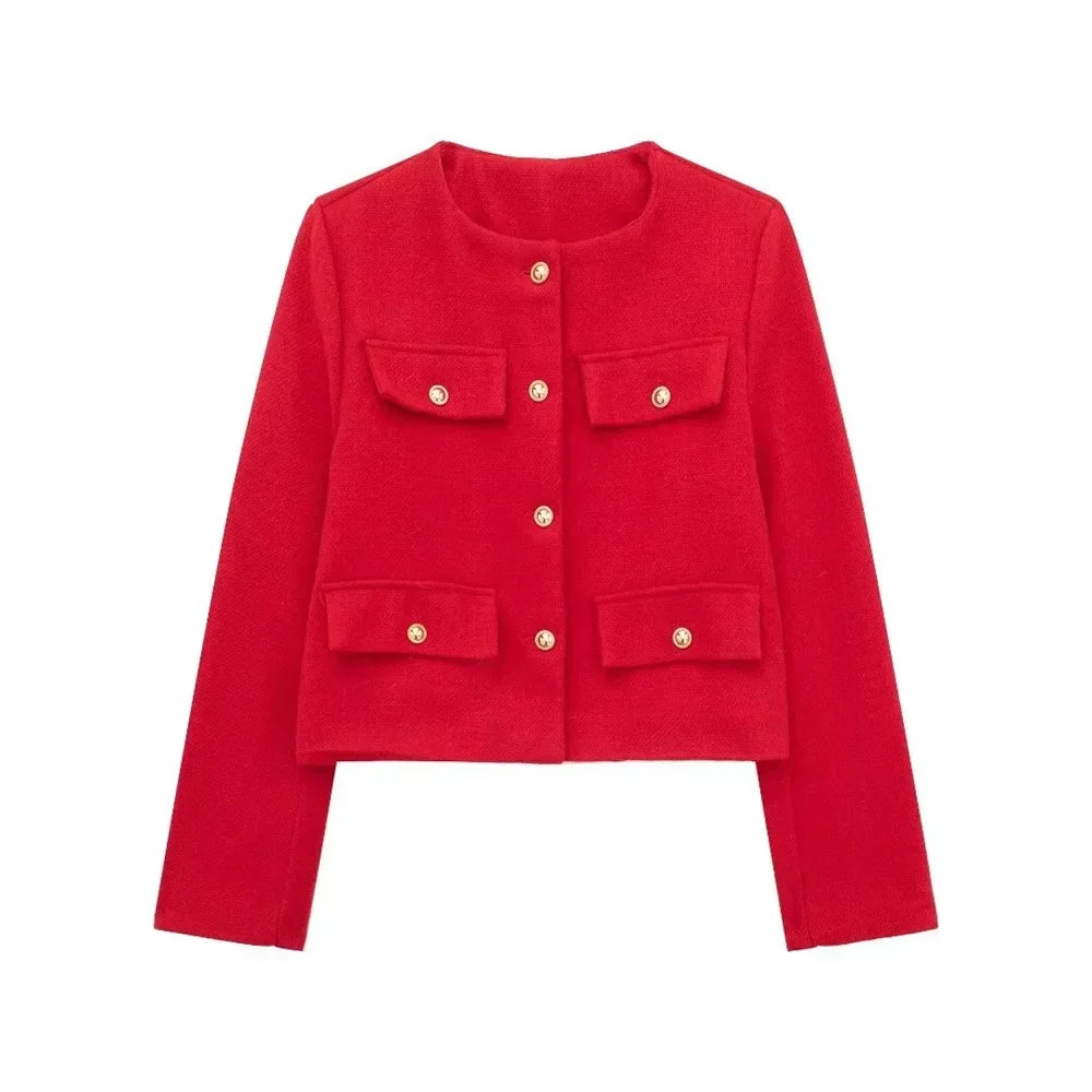 Women's Cropped Wool Blend Jacket with Gold Buttons