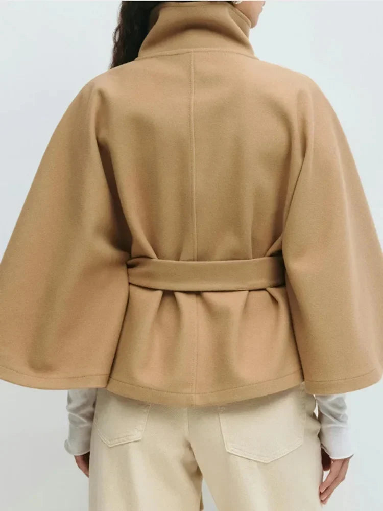 Leslie | Womens Wool Blend Cape Coat with Belted Waist | Stand Collar, Cape Sleeves | Navy, Black, Khaki and More S-2XL
