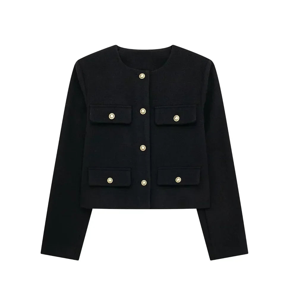 Women's Cropped Wool Blend Jacket with Gold Buttons