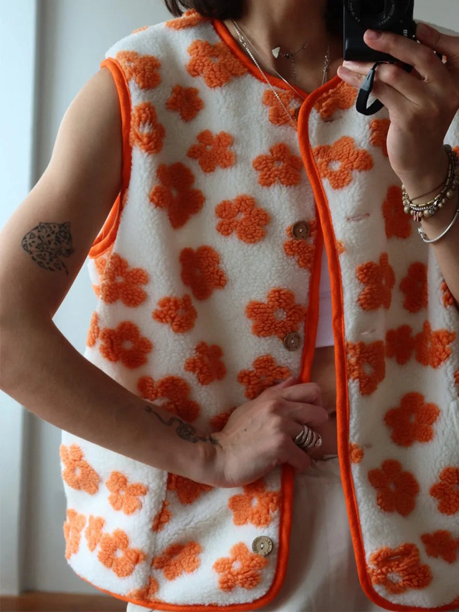 Chiara Floral Sherpa Button-Front Vest