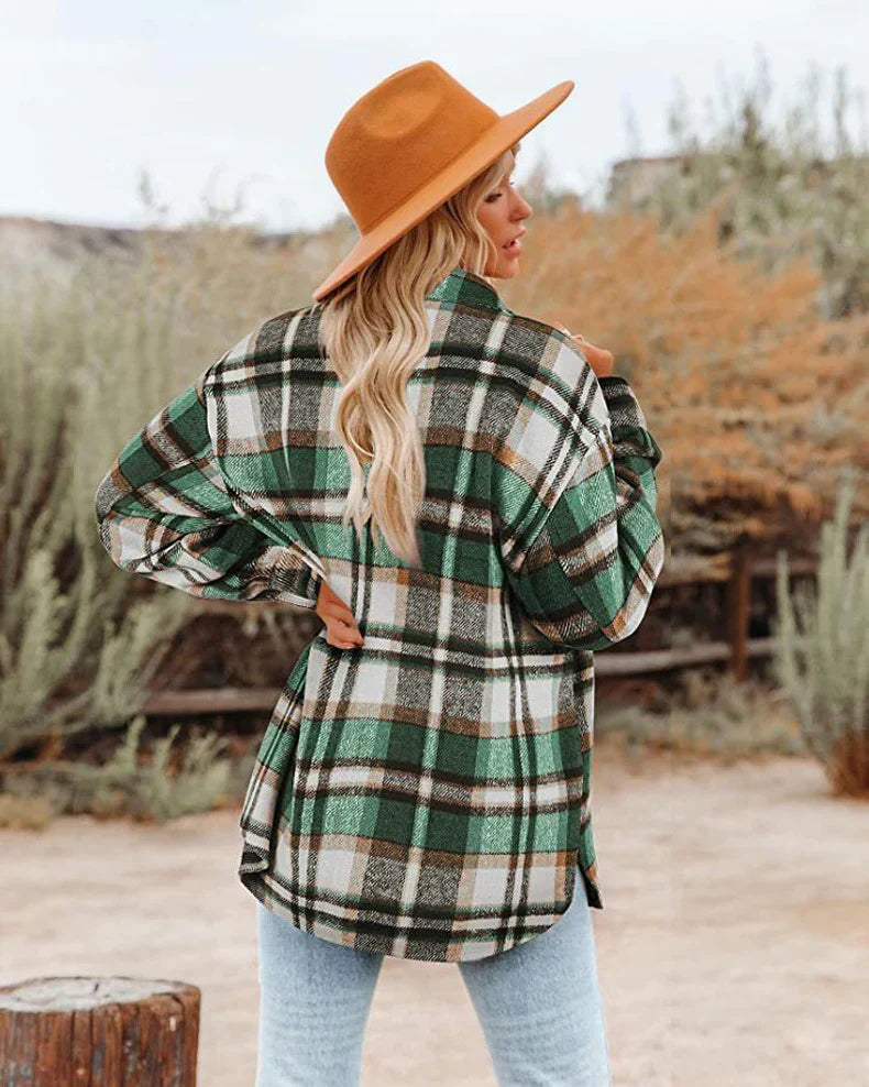 Women's Plaid Shacket with Button Front and Oversized Fit
