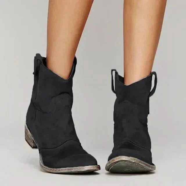 Jillian | Womens Western Ankle Boots in Suede Look | Pull-On Tabs, Cushioned Insole, Embroidery | Brown, Black and More 3-9