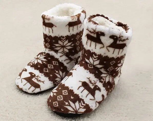 Women's Slipper Boots with Fold Over Cuffs | Plush Winter Slippers with a Snowflake and Reindeer Print | 7 Colors