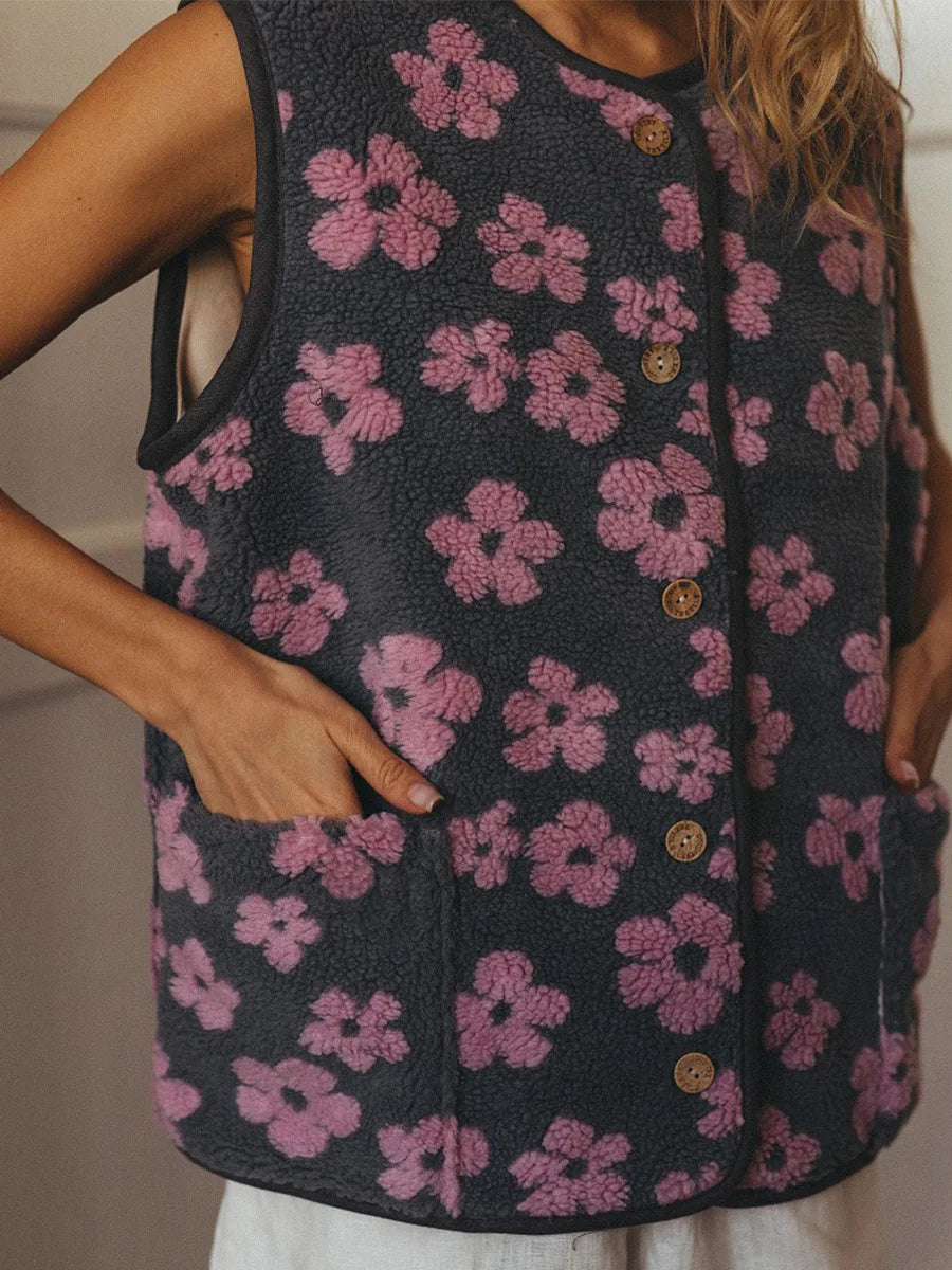 Chiara Floral Sherpa Button-Front Vest