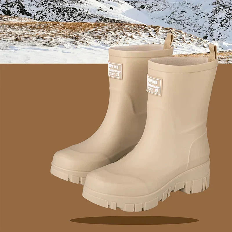 Women's Waterproof Boots in Molded Rubber | Block Heel, Mid Calf Shaft, Deep Treaded Outsole | Sizes 3.5-7.5, 4 Colors
