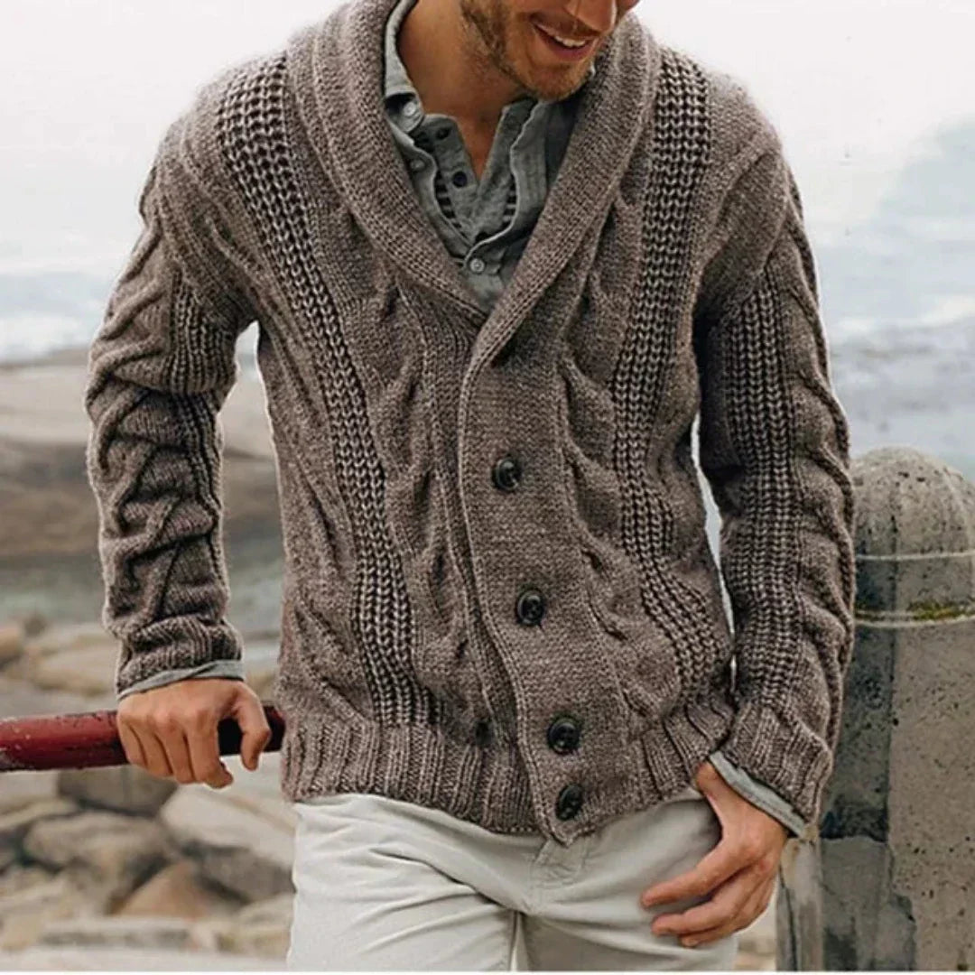 James | Mens Shawl Collar Cable Knit Cardigan | Button Front, Relaxed Fit | Dark Blue, Brown, Gray and More S-2XL