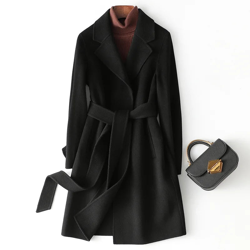 Claire | Womens Belted Wool Coat in Midi Length | Cinched Waist, Warm Without Bulk | Vintage, Ivory, Black S-XL