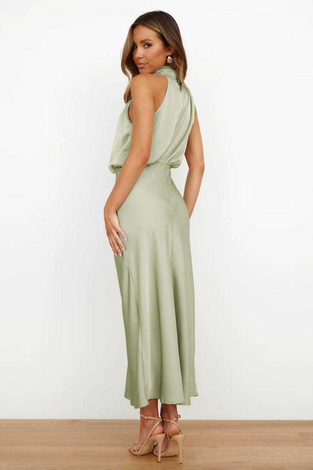 Women's Formal Wedding Guest Dress in Fluid Fabric | High Neck with Soft Sheen, Easy Movement | Size S-5XL, 9 Colors