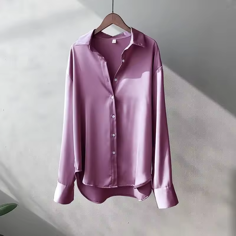 Women's Button-Front Shirt Blouse, Pointed Collar, Long Sleeves