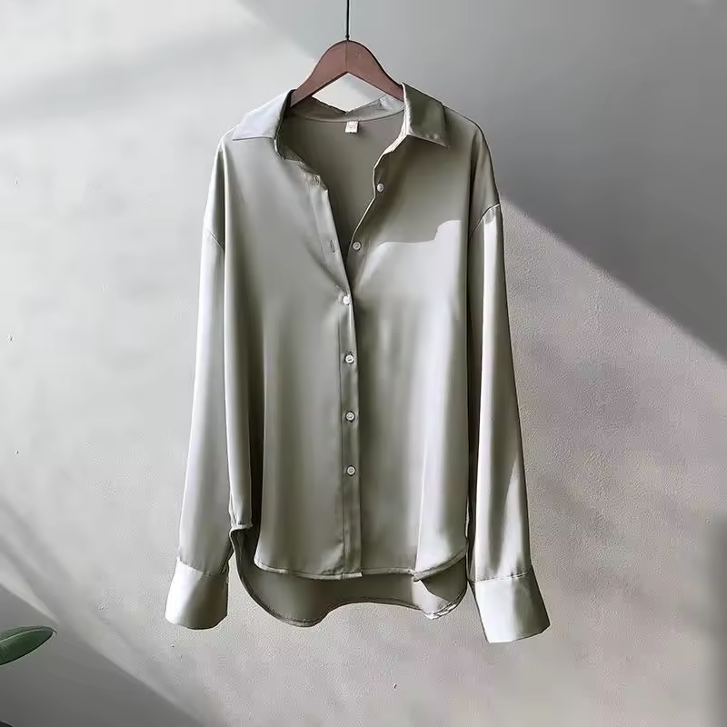 Women's Button-Front Shirt Blouse, Pointed Collar, Long Sleeves