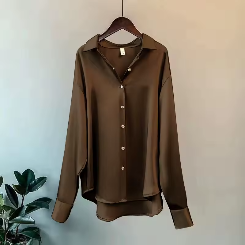 Women's Button-Front Shirt Blouse, Pointed Collar, Long Sleeves
