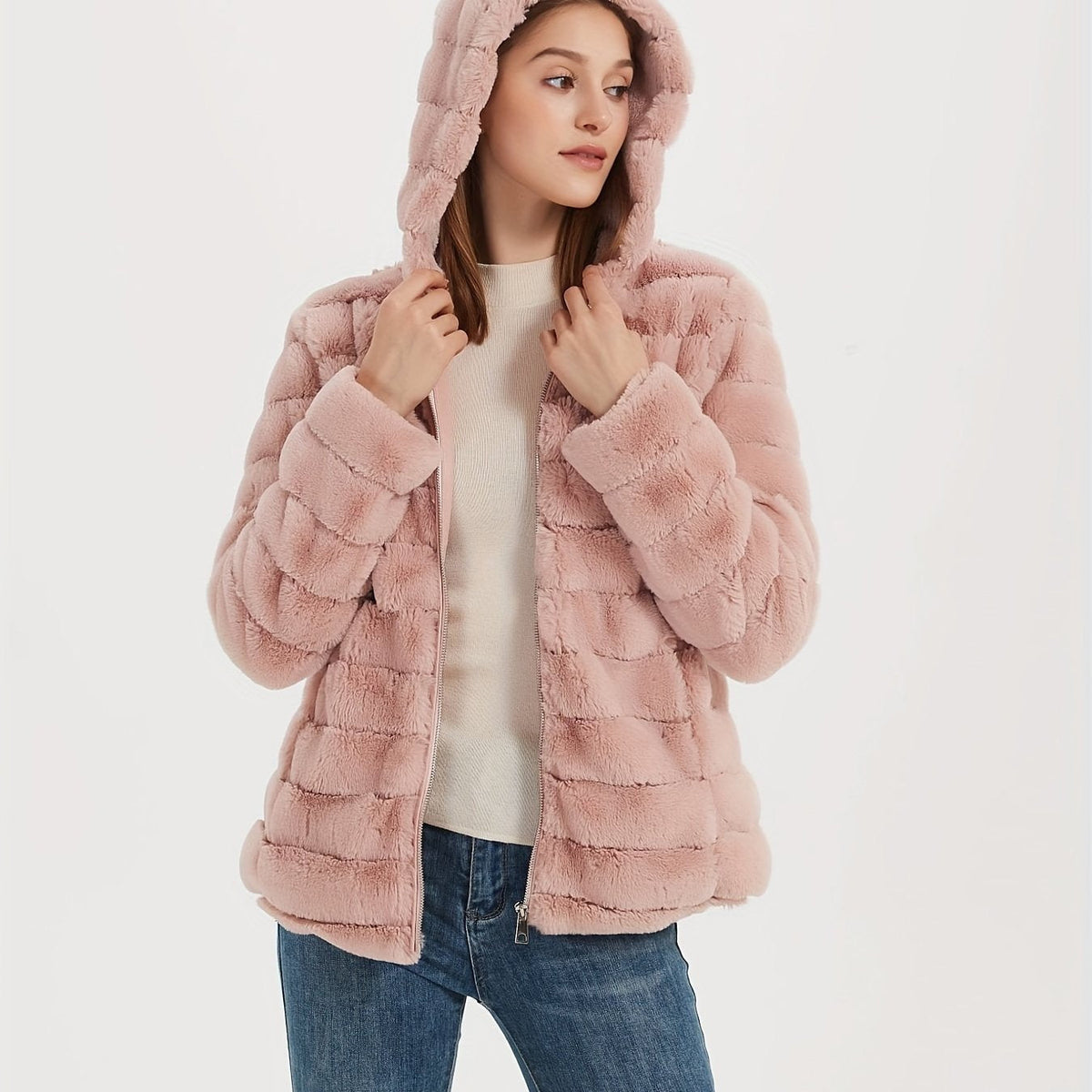 Women's Hooded Teddy Jacket with Full-Zip Front