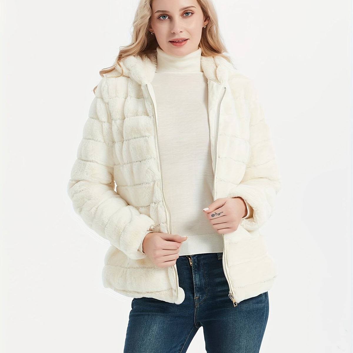 Women's Hooded Teddy Jacket with Full-Zip Front