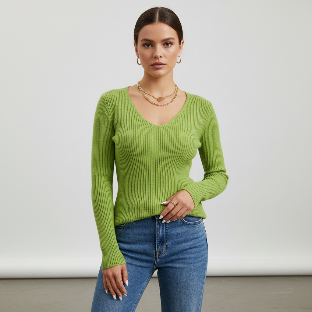 Women's Ribbed V-Neck Sweater with Long Sleeves