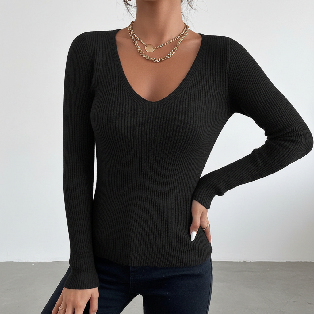 Women's Ribbed V-Neck Sweater with Long Sleeves