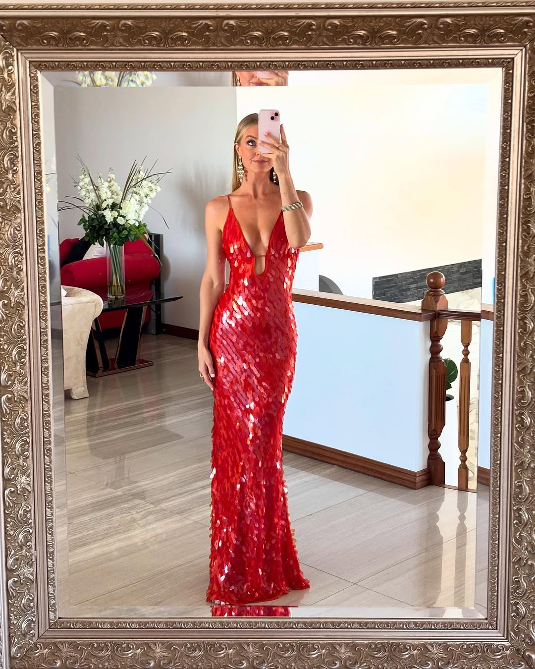Women's Red Sequin Evening Dress with an Open Back | Light Fabric in a Fitted, Fluid Line | Size S-L