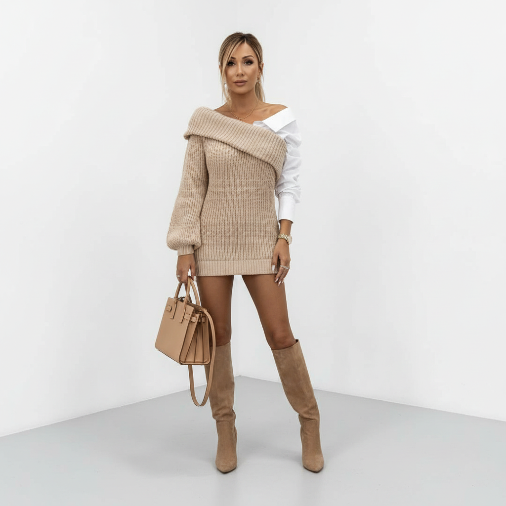 Women's Off the Shoulder Sweater Dress | Foldover Collar, Contrast White Shirt Sleeves | Sizes S-3XL, 2 Colors