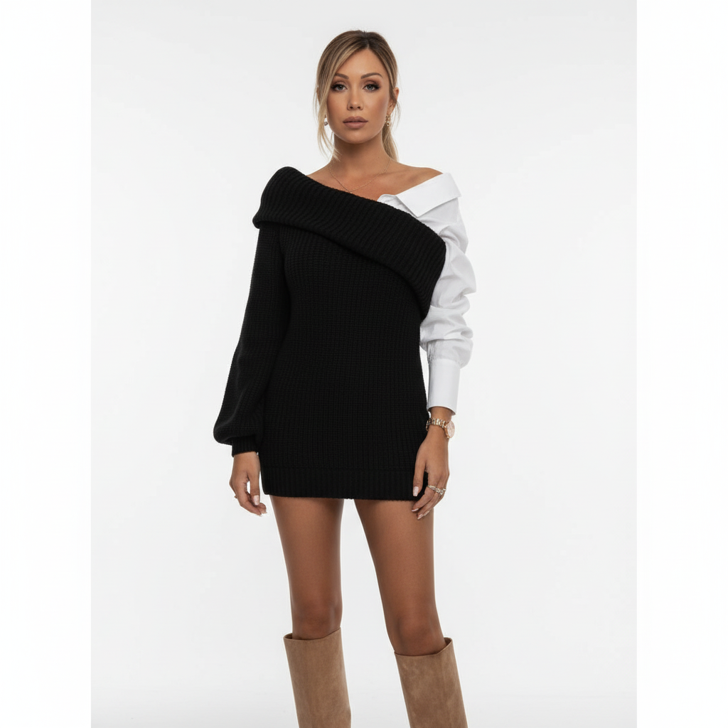 Women's Off the Shoulder Sweater Dress | Foldover Collar, Contrast White Shirt Sleeves | Sizes S-3XL, 2 Colors