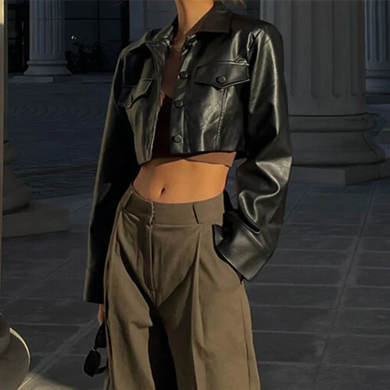 Stylish Faux Leather Cropped Jacket