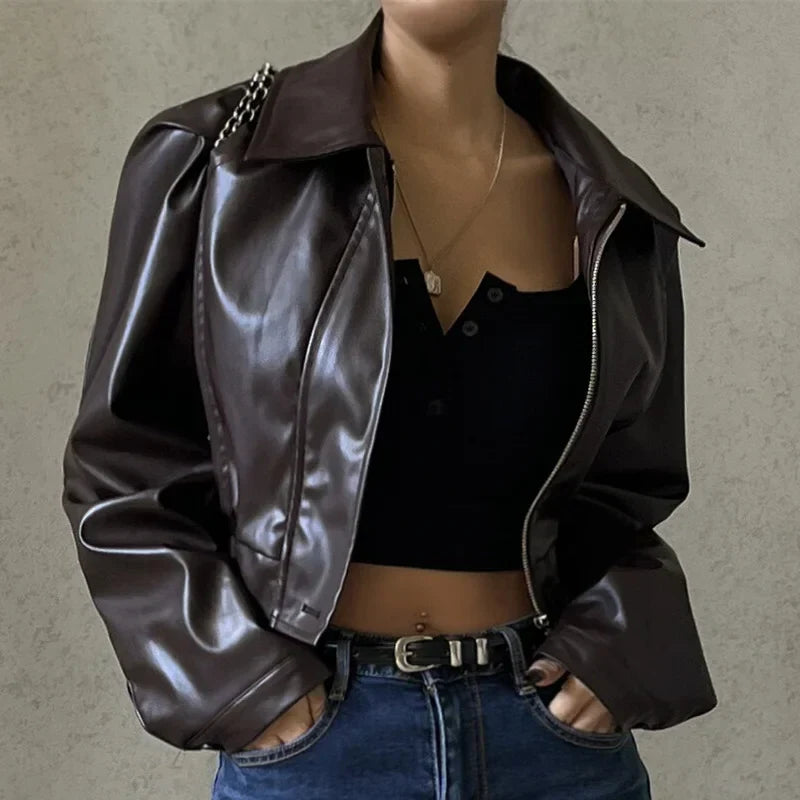 Stylish Faux Leather Cropped Jacket