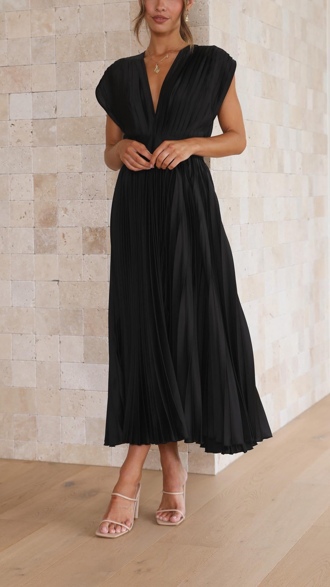Women's Pleated Maxi Dress with a Draped V Neck | High Waist and Airy Lightweight Fabric | Size S-XL, 4 Colors