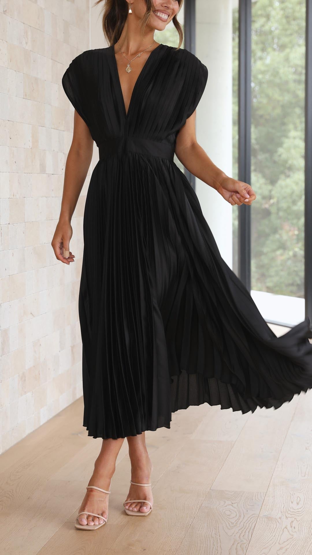 Women's Pleated Maxi Dress with a Draped V Neck | High Waist and Airy Lightweight Fabric | Size S-XL, 4 Colors
