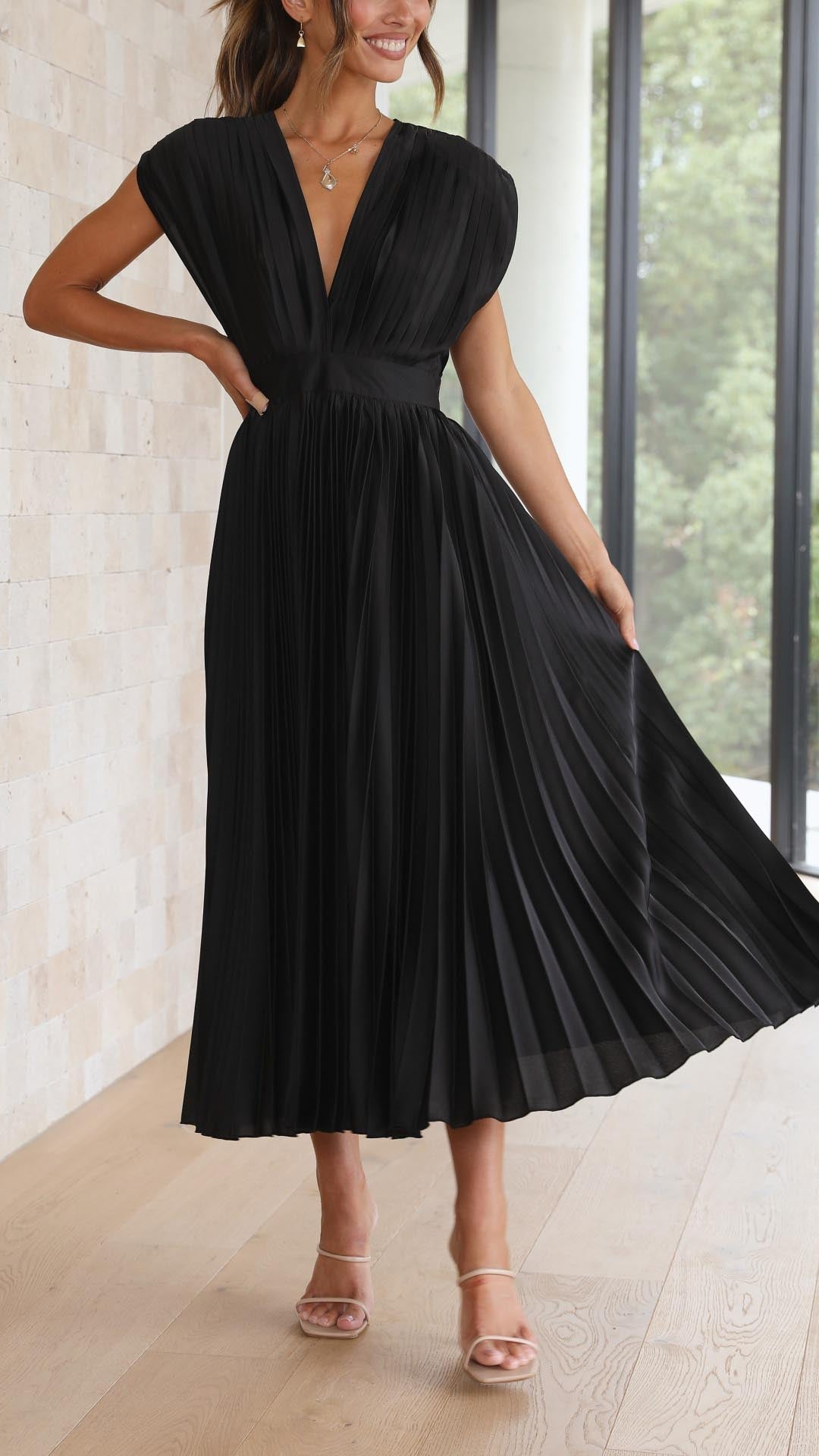 Women's Pleated Maxi Dress with a Draped V Neck | High Waist and Airy Lightweight Fabric | Size S-XL, 4 Colors