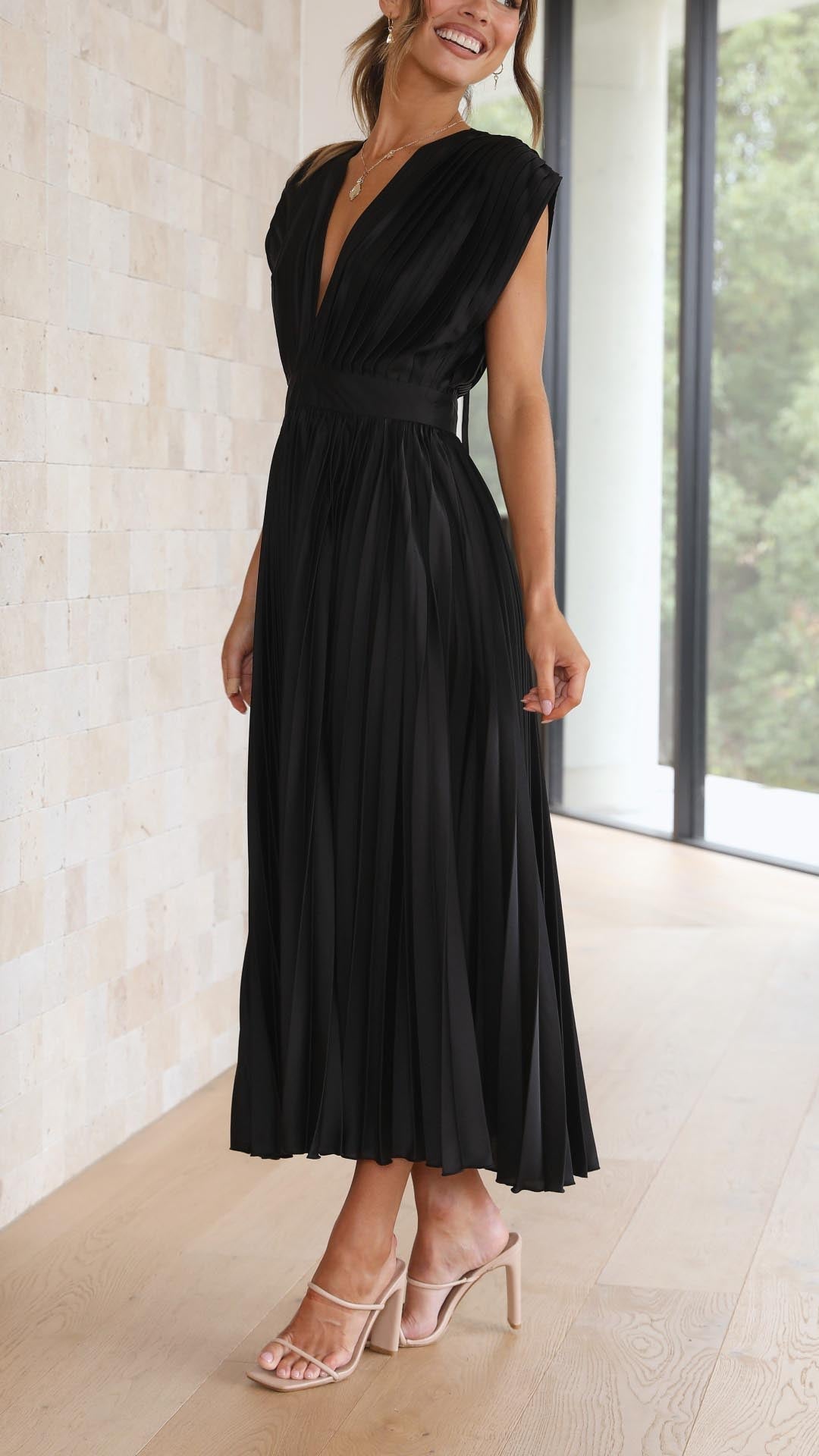 Women's Pleated Maxi Dress with a Draped V Neck | High Waist and Airy Lightweight Fabric | Size S-XL, 4 Colors