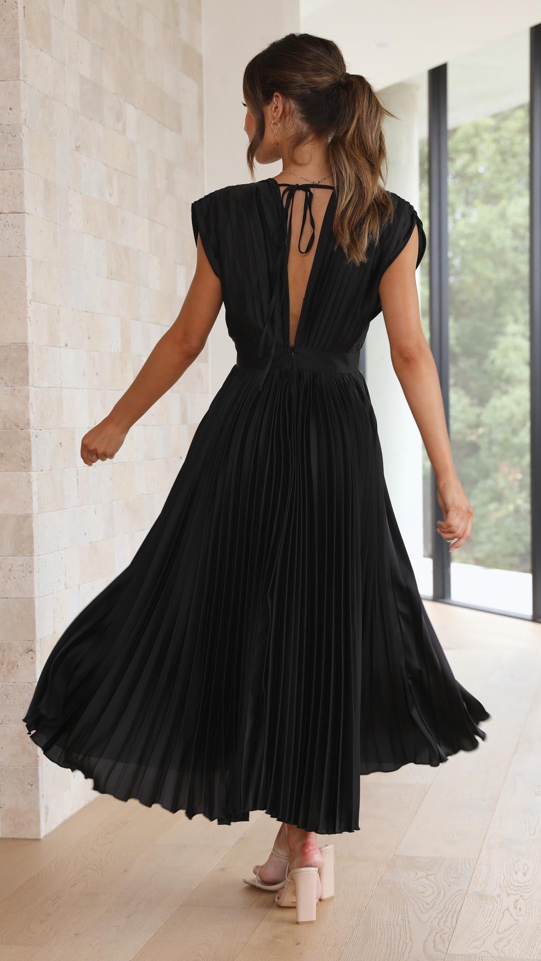 Women's Pleated Maxi Dress with a Draped V Neck | High Waist and Airy Lightweight Fabric | Size S-XL, 4 Colors