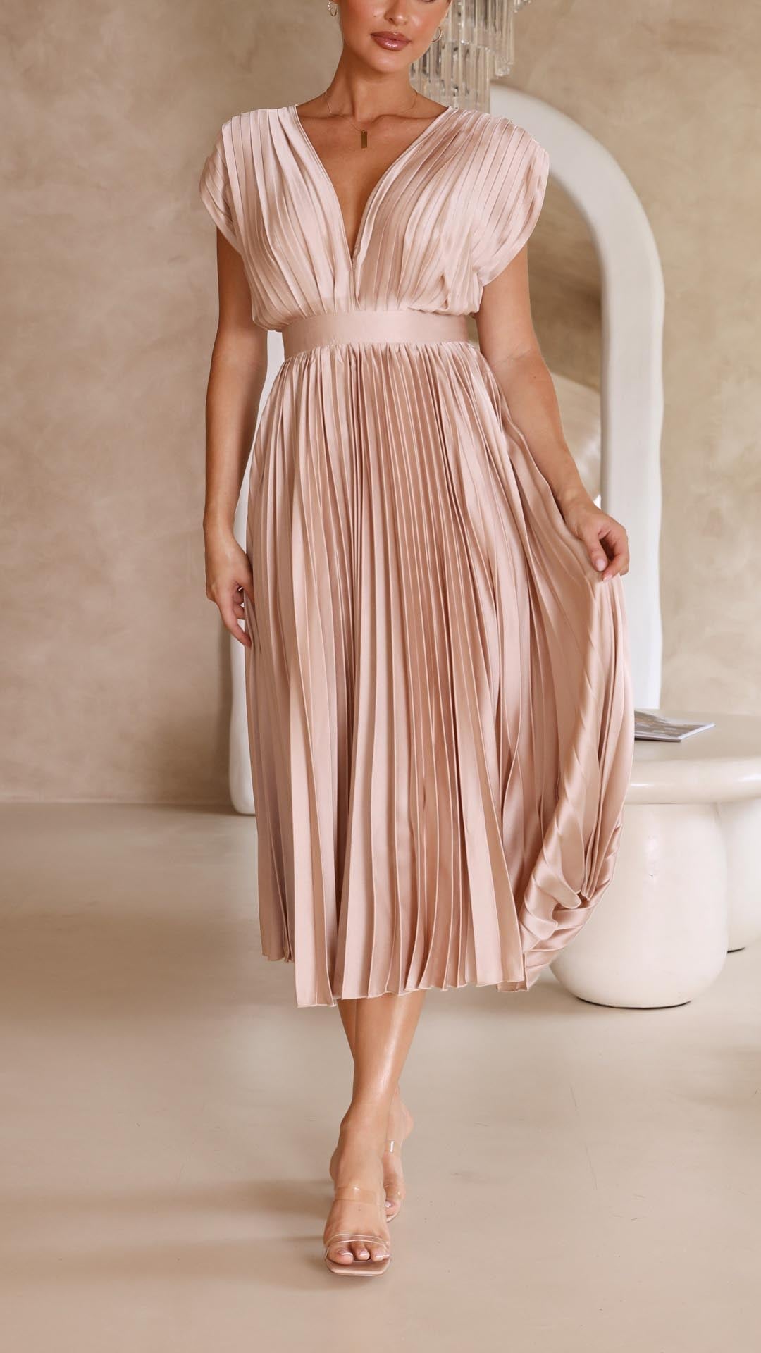 Women's Pleated Maxi Dress with a Draped V Neck | High Waist and Airy Lightweight Fabric | Size S-XL, 4 Colors