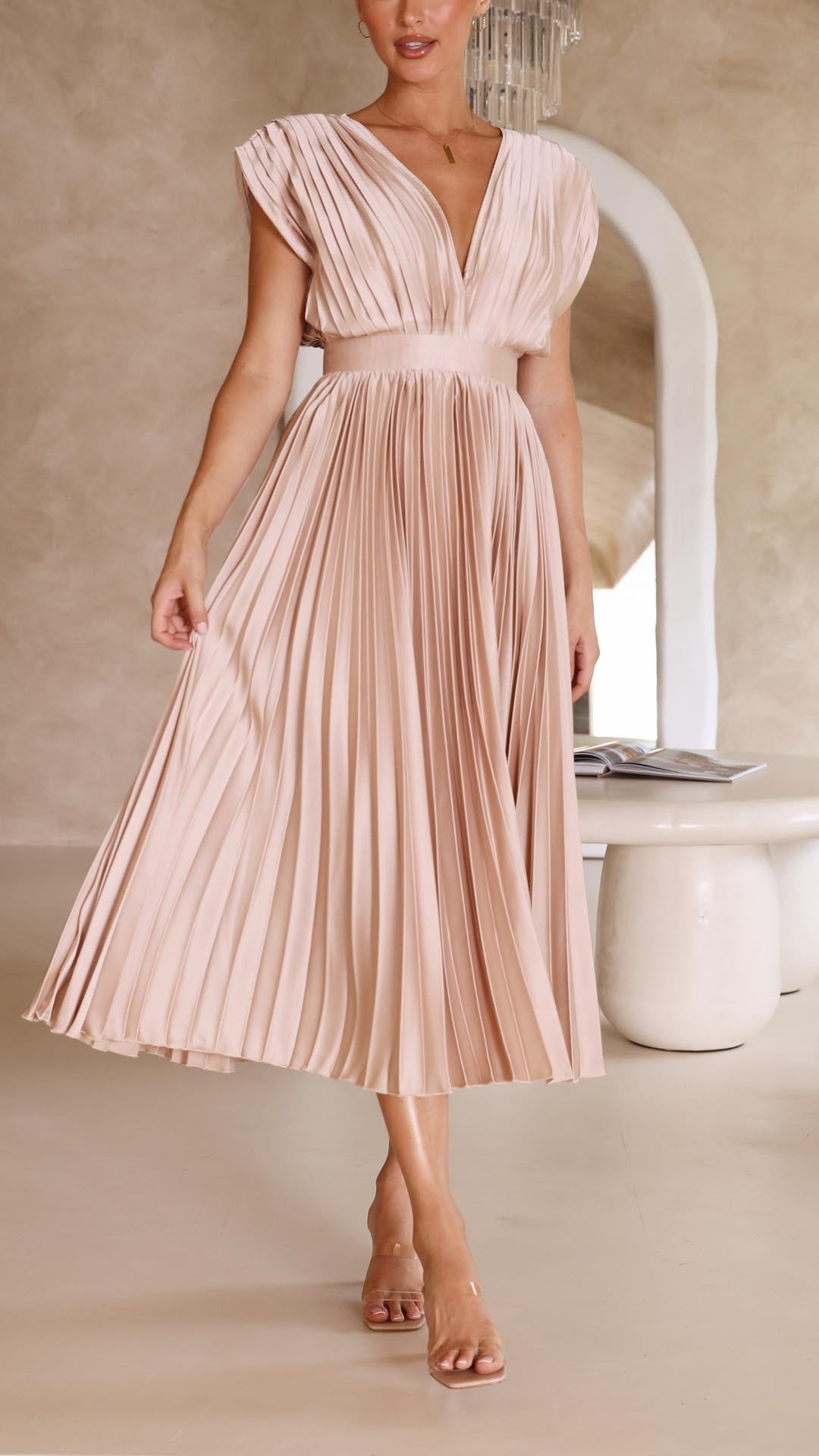 Women's Pleated Maxi Dress with a Draped V Neck | High Waist and Airy Lightweight Fabric | Size S-XL, 4 Colors