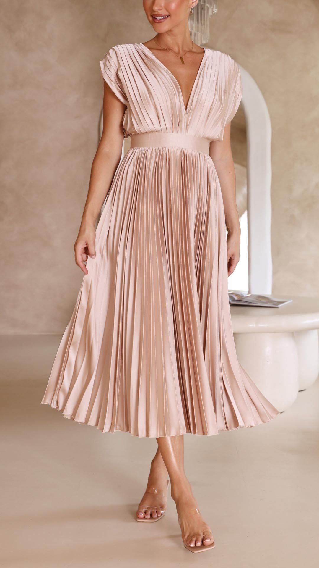 Women's Pleated Maxi Dress with a Draped V Neck | High Waist and Airy Lightweight Fabric | Size S-XL, 4 Colors