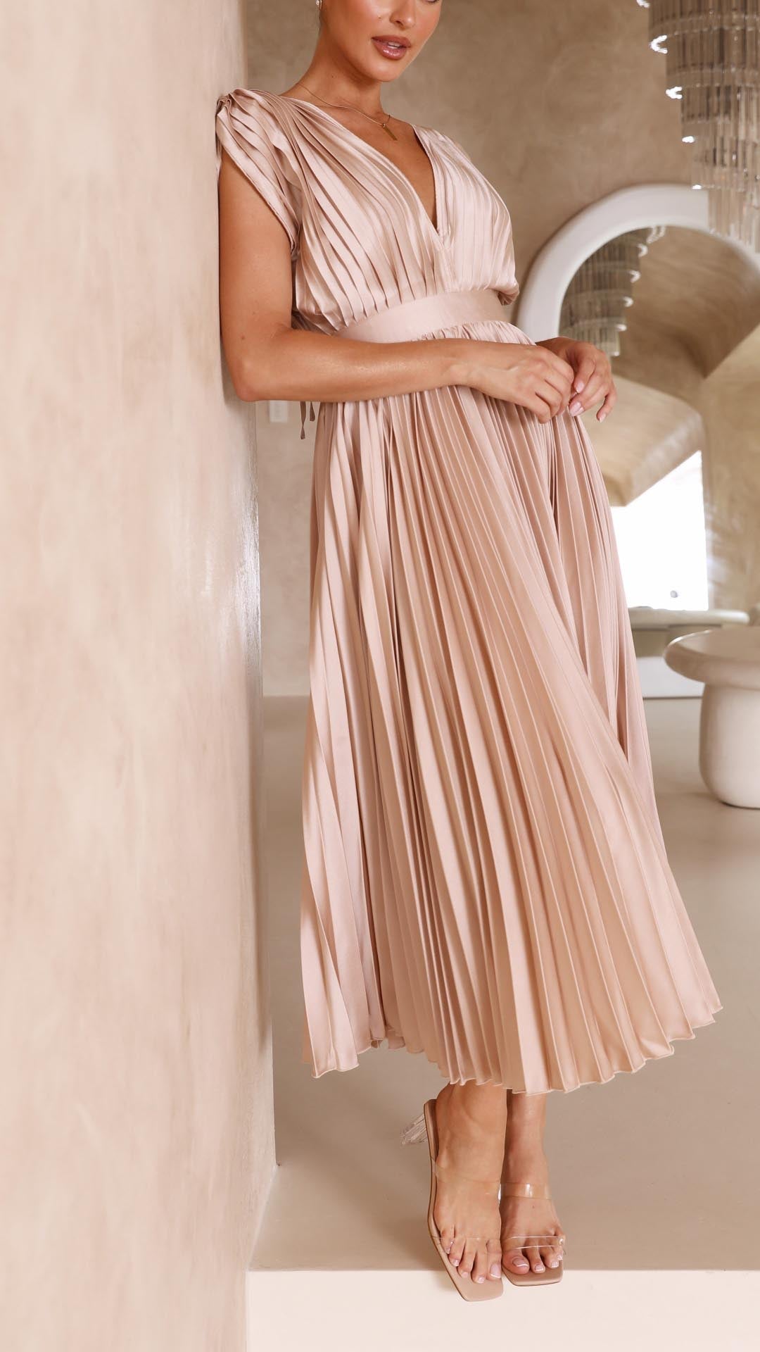 Women's Pleated Maxi Dress with a Draped V Neck | High Waist and Airy Lightweight Fabric | Size S-XL, 4 Colors