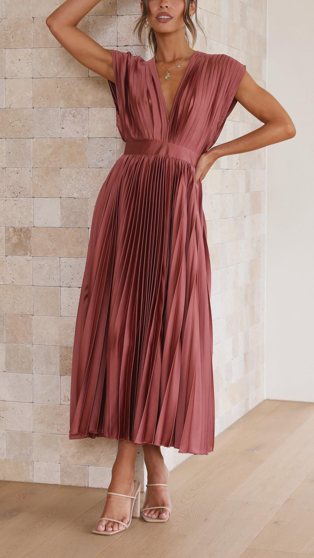 Women's Pleated Maxi Dress with a Draped V Neck | High Waist and Airy Lightweight Fabric | Size S-XL, 4 Colors