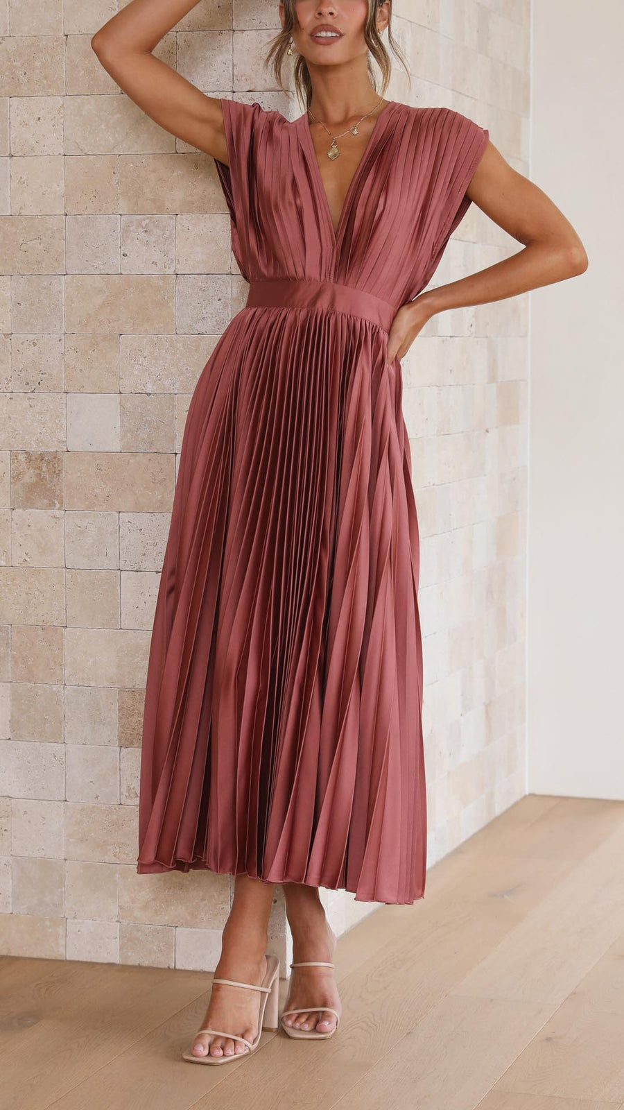 Women's Pleated Maxi Dress with a Draped V Neck