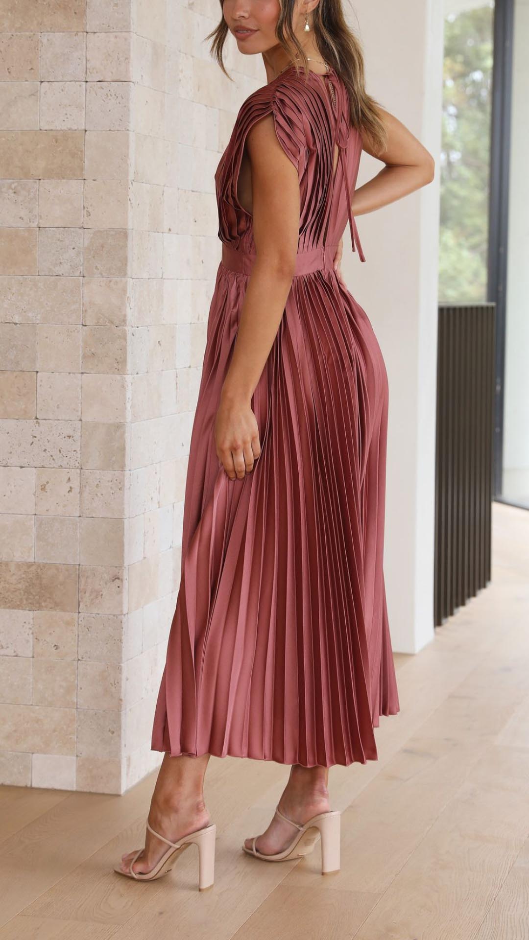 Women's Pleated Maxi Dress with a Draped V Neck | High Waist and Airy Lightweight Fabric | Size S-XL, 4 Colors
