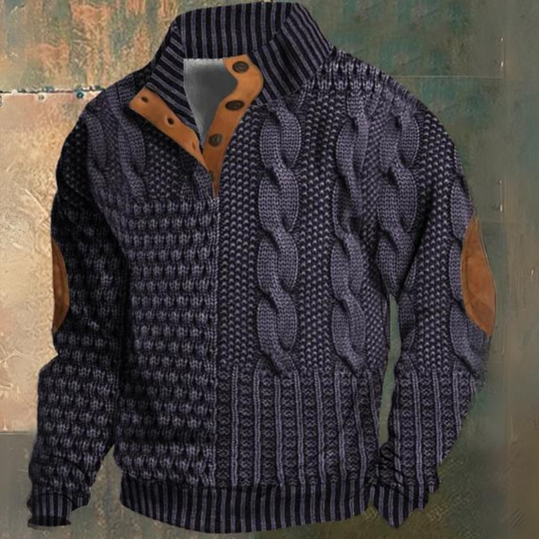 Men's Cable Knit Sweater, Mock Neck, Button Placket