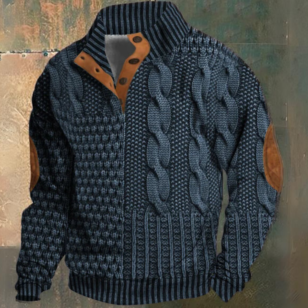 Men's Cable Knit Sweater, Mock Neck, Button Placket