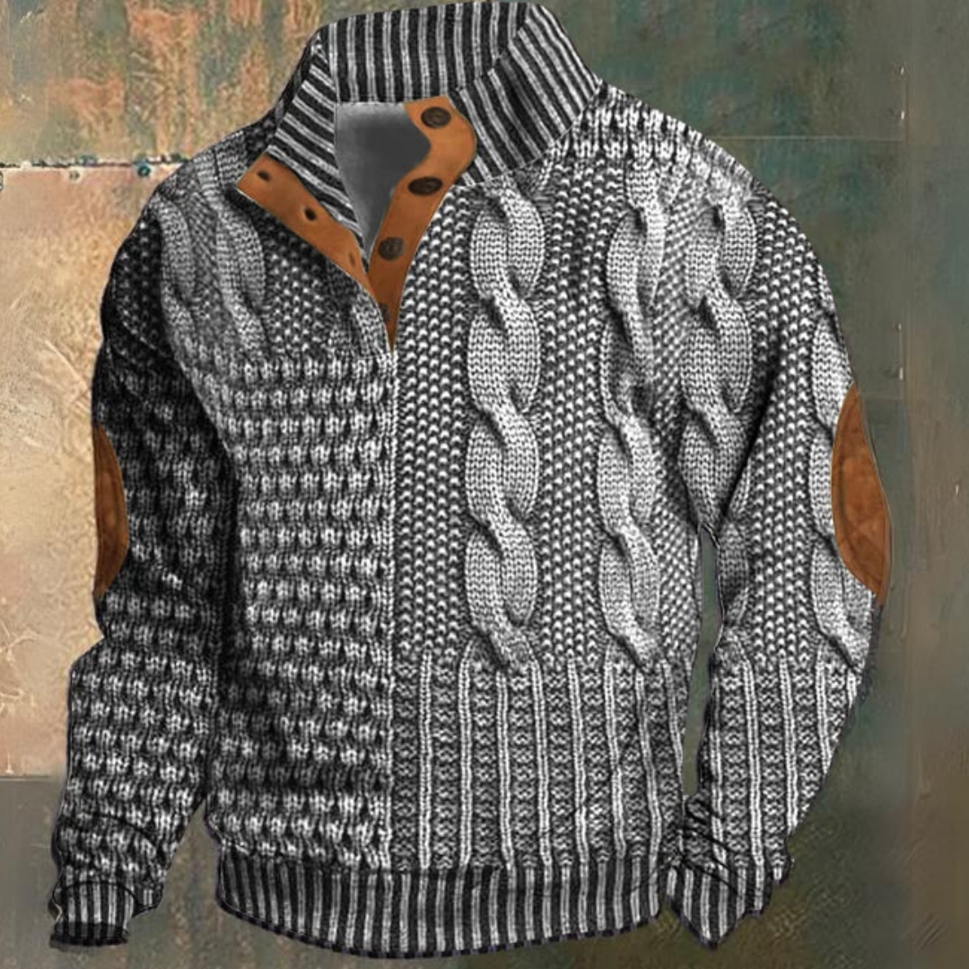 Men's Cable Knit Sweater, Mock Neck, Button Placket
