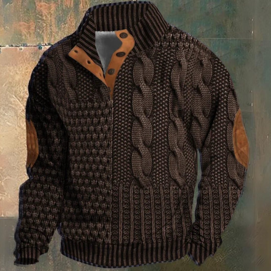 Men's Cable Knit Sweater, Mock Neck, Button Placket