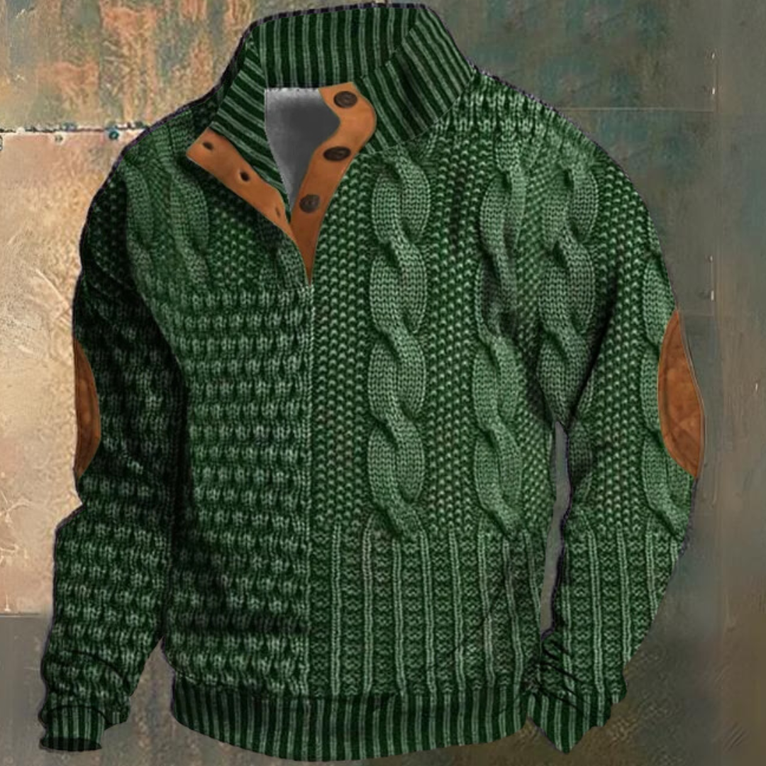 Men's Cable Knit Sweater, Mock Neck, Button Placket