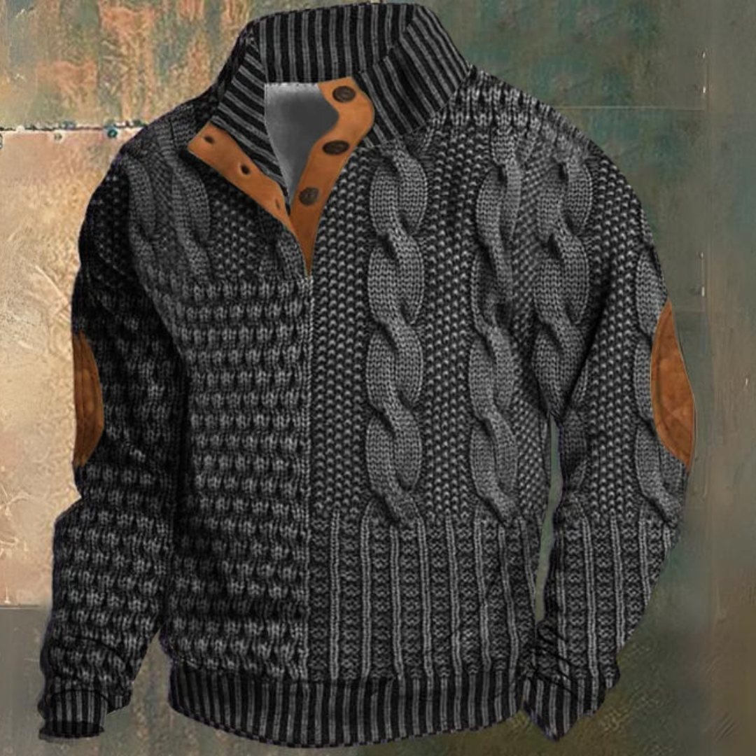 Men's Cable Knit Sweater, Mock Neck, Button Placket