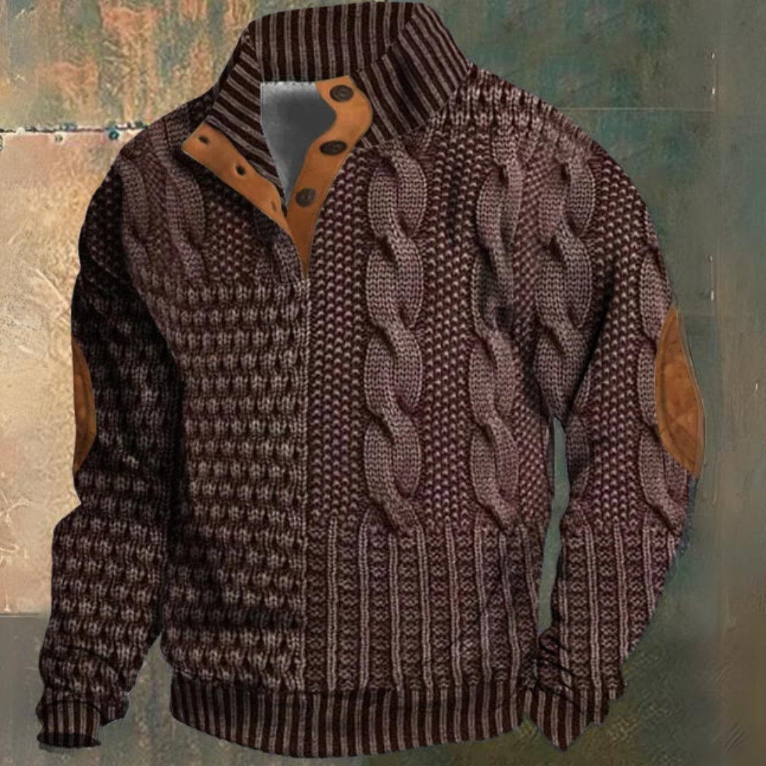 Men's Cable Knit Sweater, Mock Neck, Button Placket